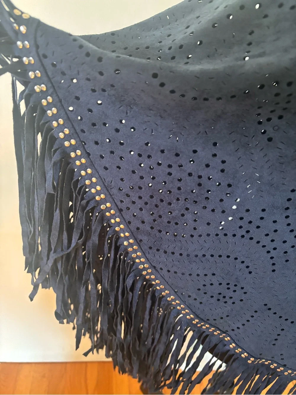 Fair Chilf Navy Blue Eyelet Fringe Shawl Wrap -